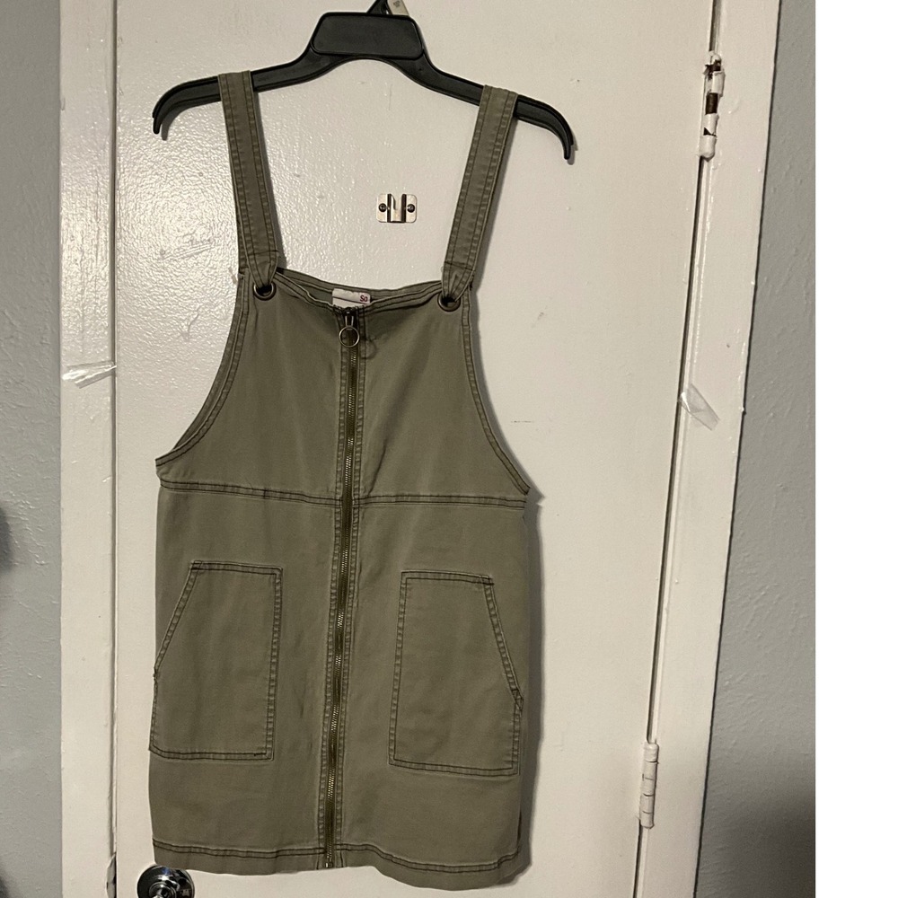 SO Olive Green Utility Pinafore Dress Zip Front Jumper Large RN73277